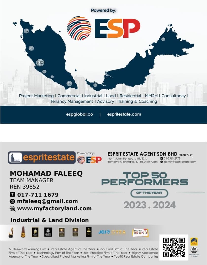 Mohamad Faleeq MY Factory Land namecard with phone, email, REN and agency details