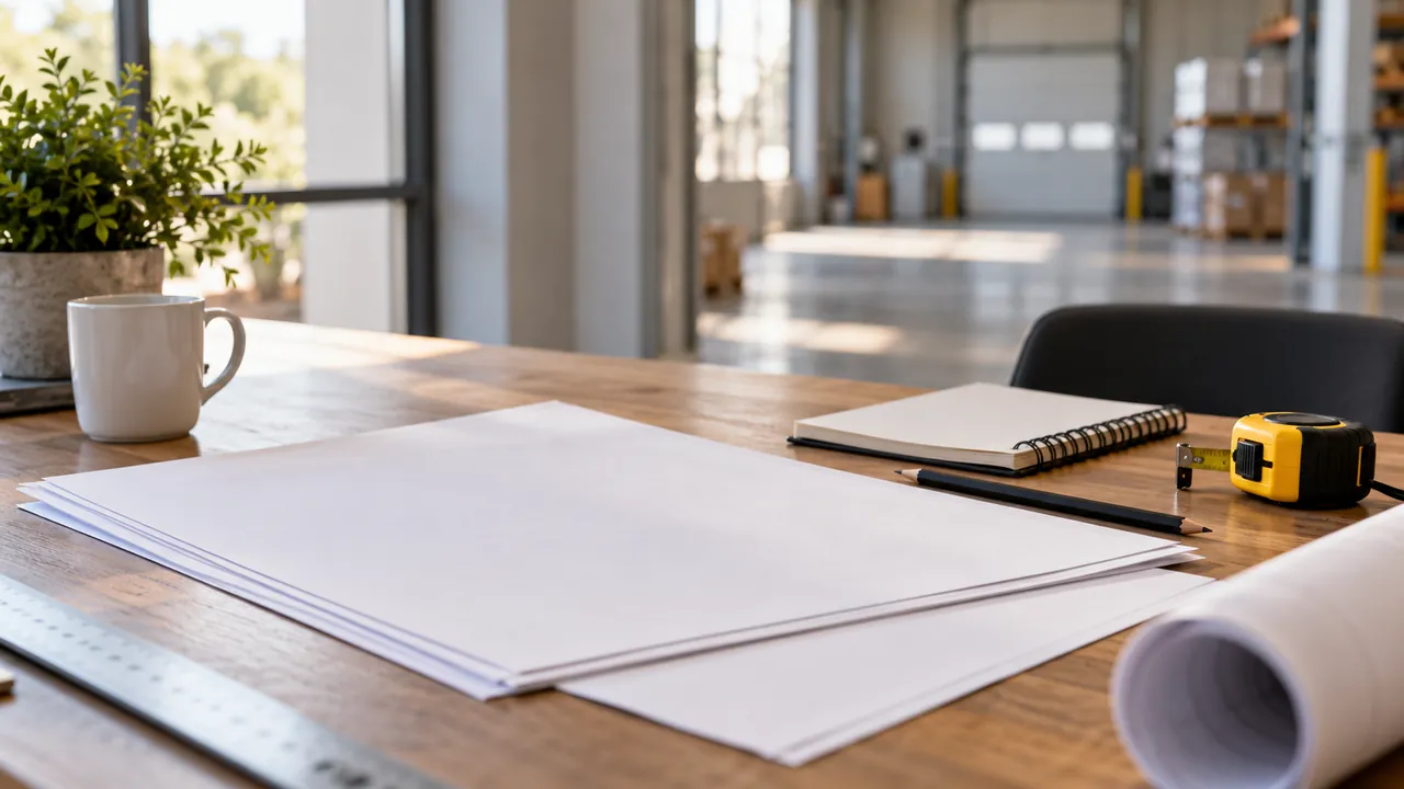 Blank papers, a notebook and measuring tape on an industrial planning desk — AI-generated illustration