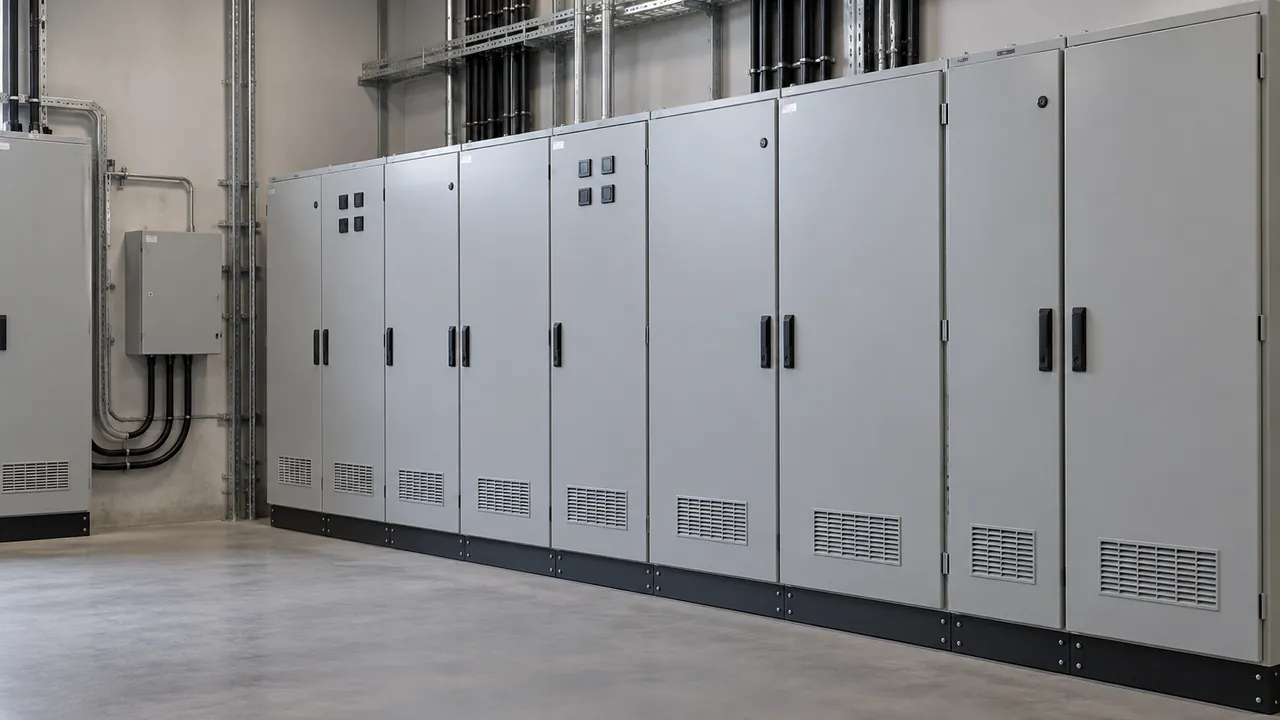 Closed electrical cabinets in a generic industrial service room — AI-generated illustration