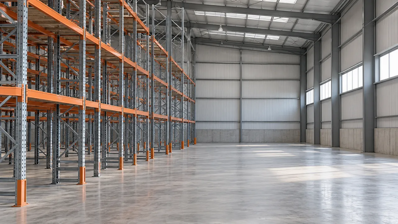 Empty racking and open space in a generic warehouse — AI-generated illustration
